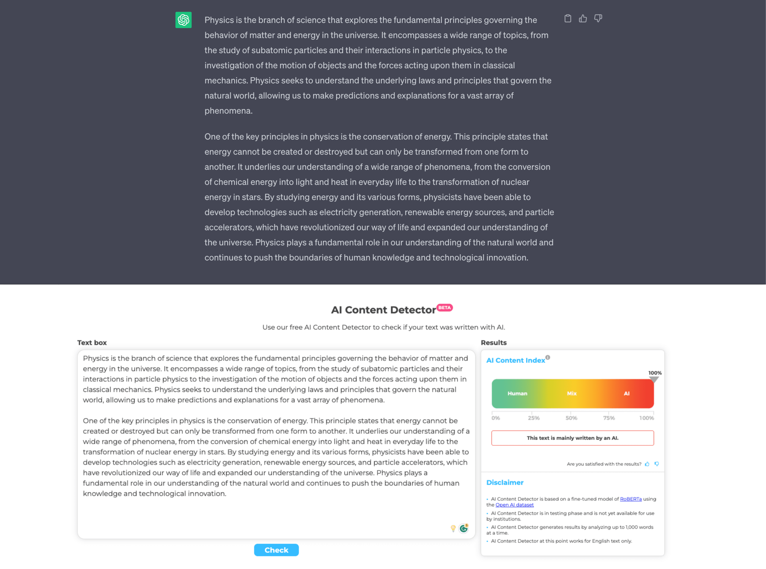 Crossplag's AI Detector in action