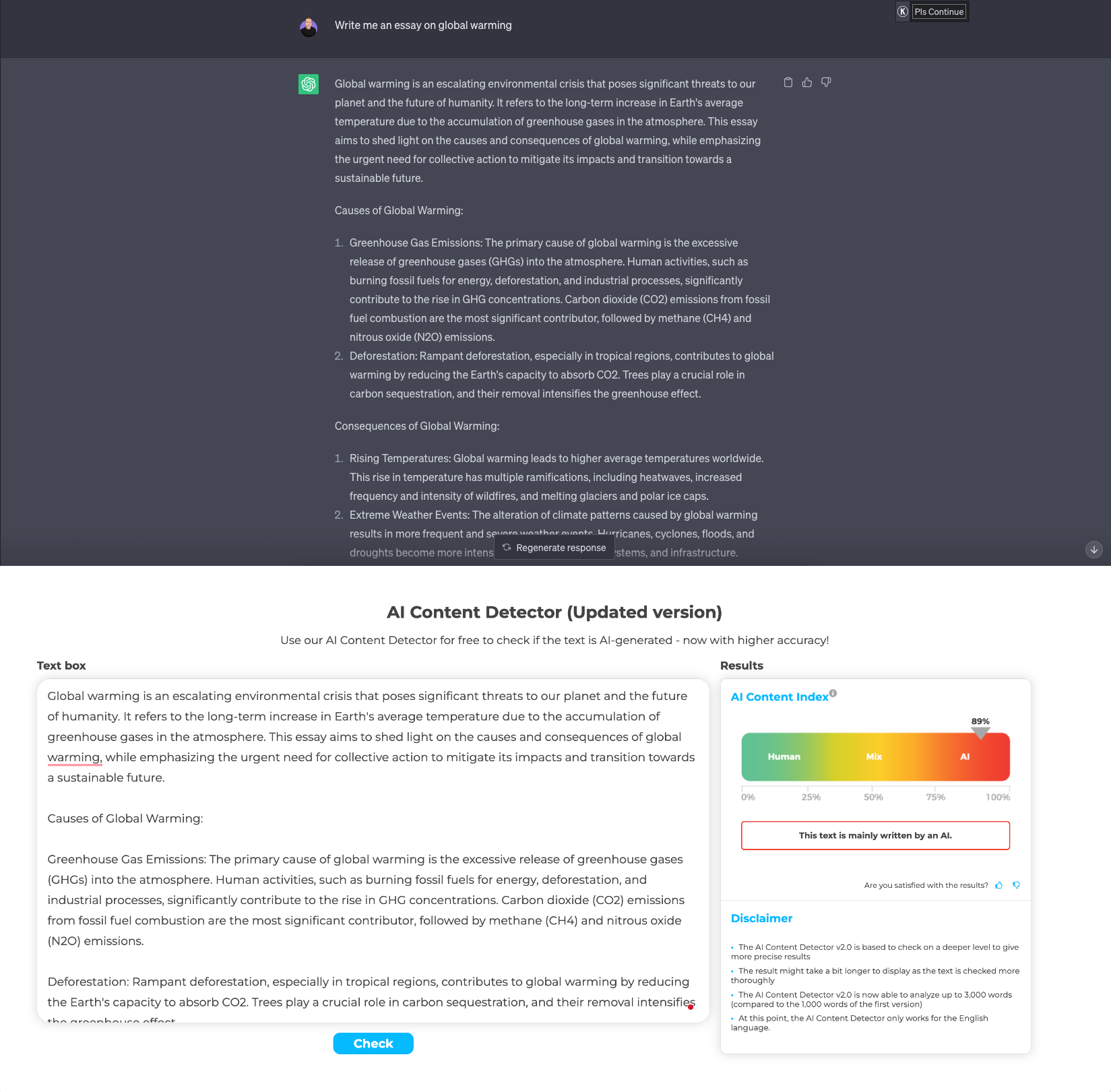 Crossplag's AI Detector detecting AI-generated essays